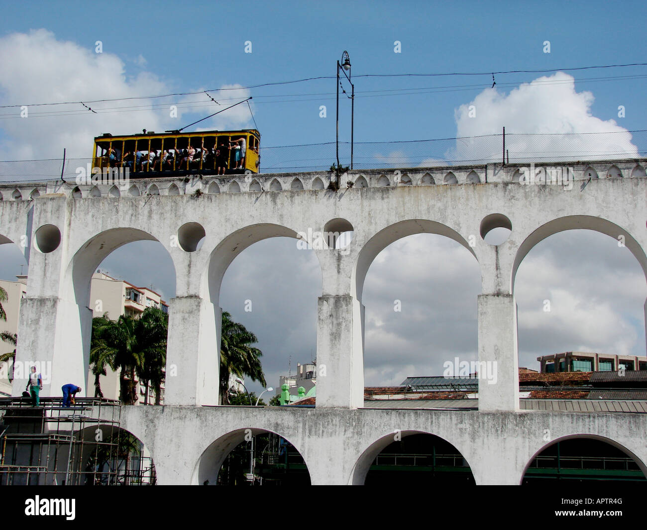 Train crossing Arcos da Lapa at Santa Teresa, Rio de Janeiro, Brazil
