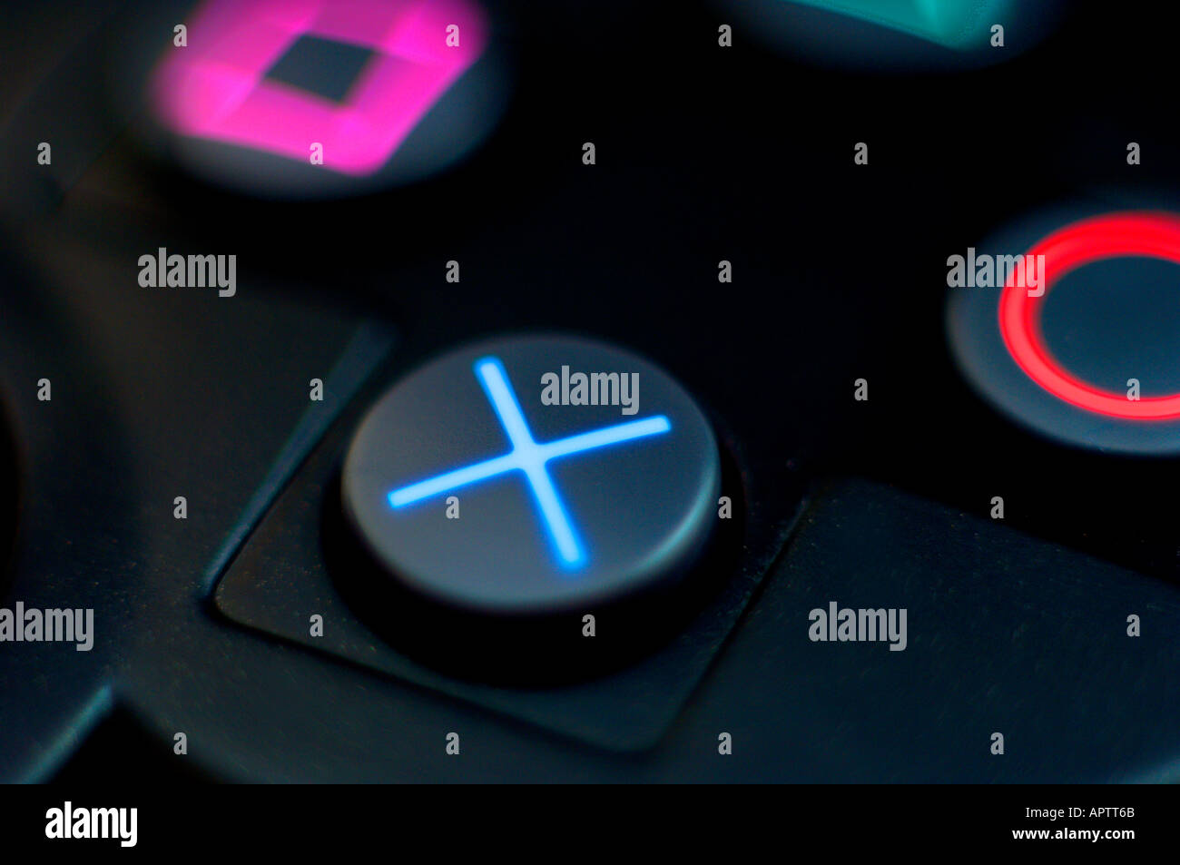 Close up of instantly recognisable buttons from the leading game console manufacturer Sony Playstation Stock Photo