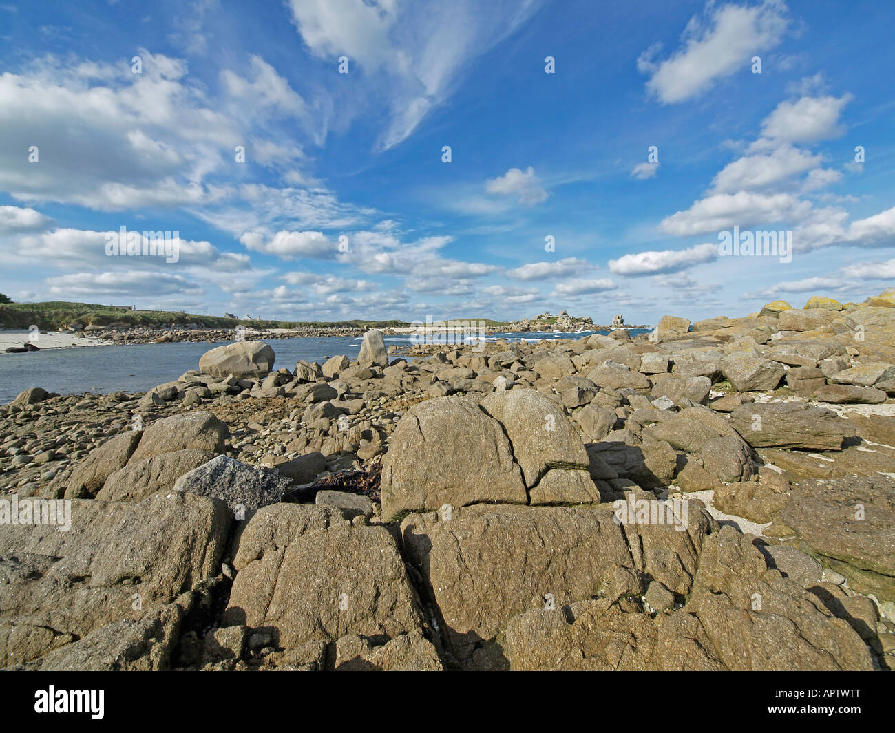 sea Atlantic Ocean with granit rocks at the coast in Finistere Brittany ...