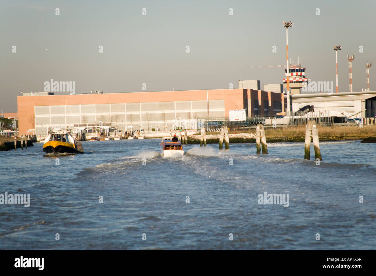 Marco Polo airport from a water taxi on route from the airport to Venice in  Italy Stock Photo - Alamy