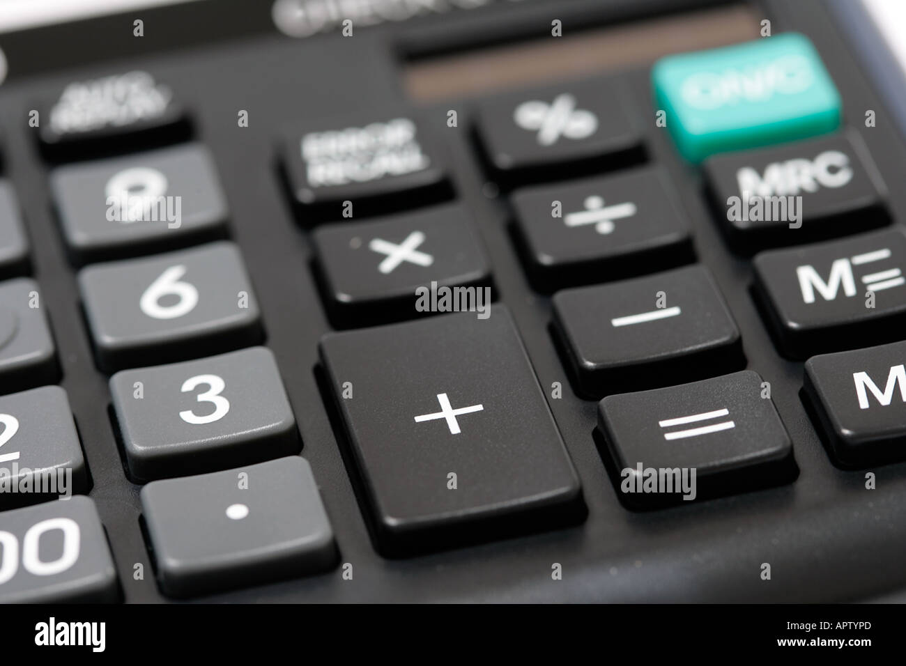 Calculator math mathematics compute computer button input number numeral numeric symbol minus add addition plus subtract Stock Photo