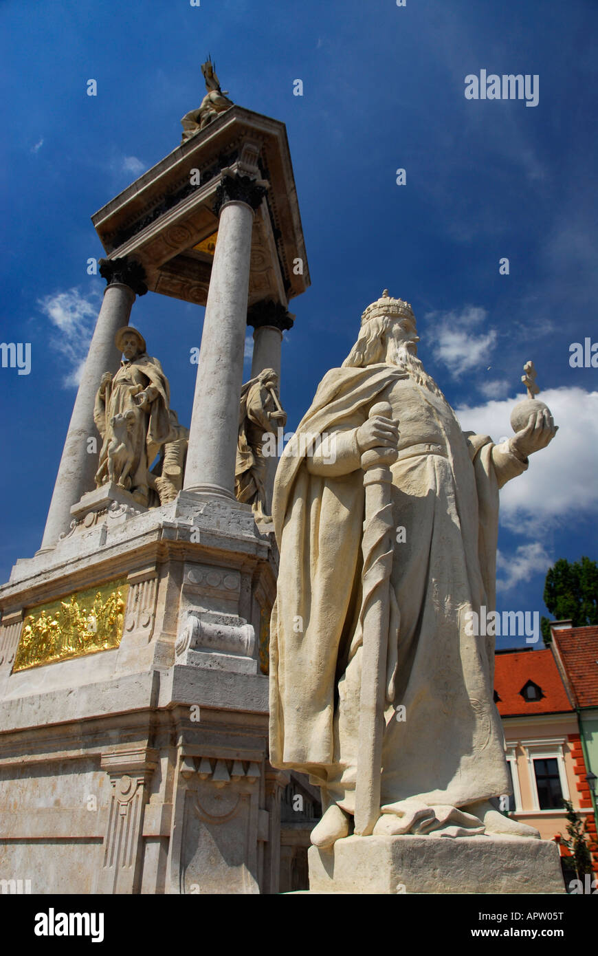 Holy Trinity Statue in the pedestrian area of Esztergom, Hungary, Central Europe Stock Photo