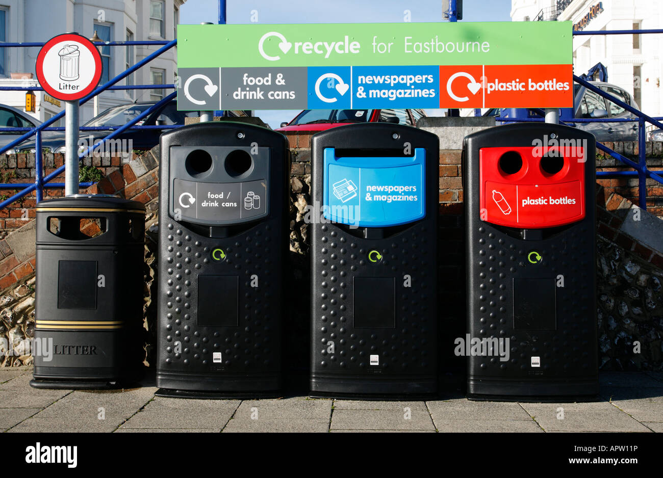 recycling waste bins along king edwards parade eastbourne east sussex england uk Stock Photo