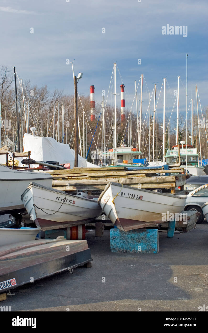 Boats in dry dock, Port Jefferson Harbor, Long lsland, New York Stock