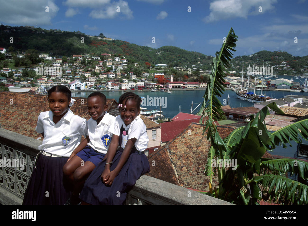 Grenada,Grenadines,West Indies,Caribbean island,Tropics,former British colony,St. George’s,St. Mary’s Catholic School student students,uniforms,Carena Stock Photo