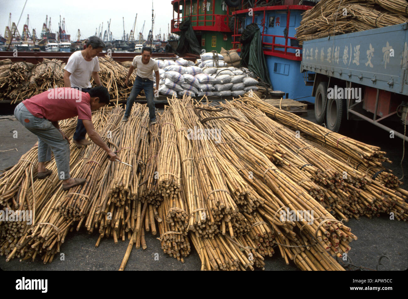 Hong Kong,China Chinese Asian Orient,communism,communist,Typhoon Harbor,harbour,bundled bamboo poles,dock workers,boats,HongKong Stock Photo