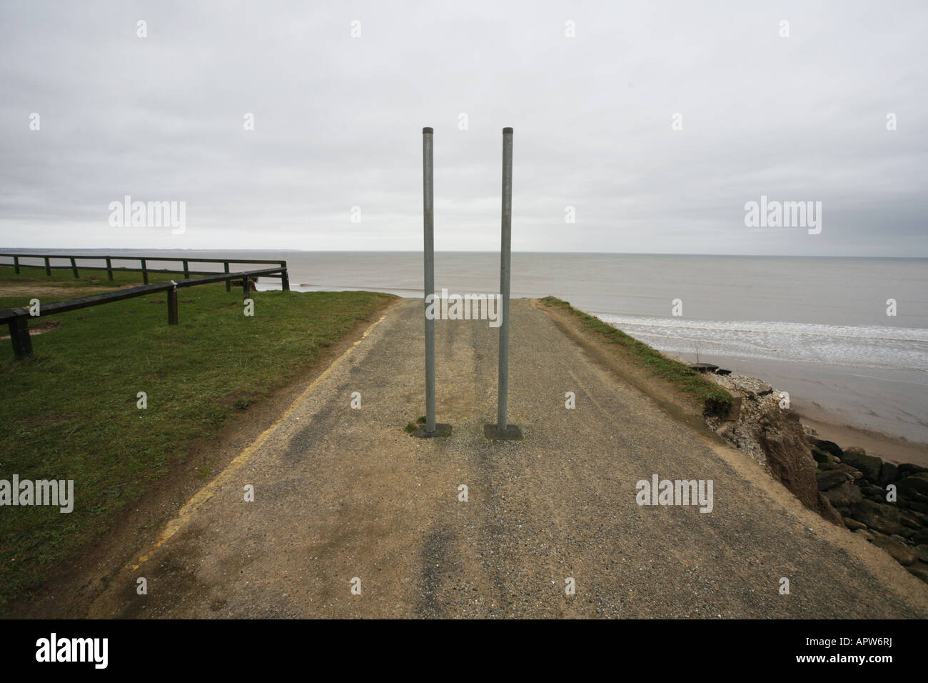 End of the Road. Coastal Erosion on the Yorkshire Coast between Bridlington and Hornsea. Road Collapse Stock Photo