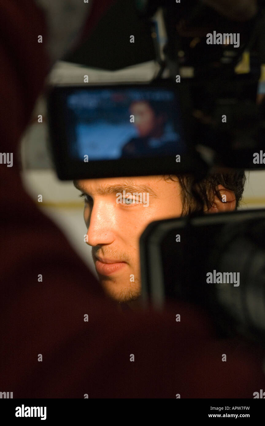 Alexander Ovechkin gives an interview to a TV channel crew from Canada after the Washingon Capitals practice. Stock Photo