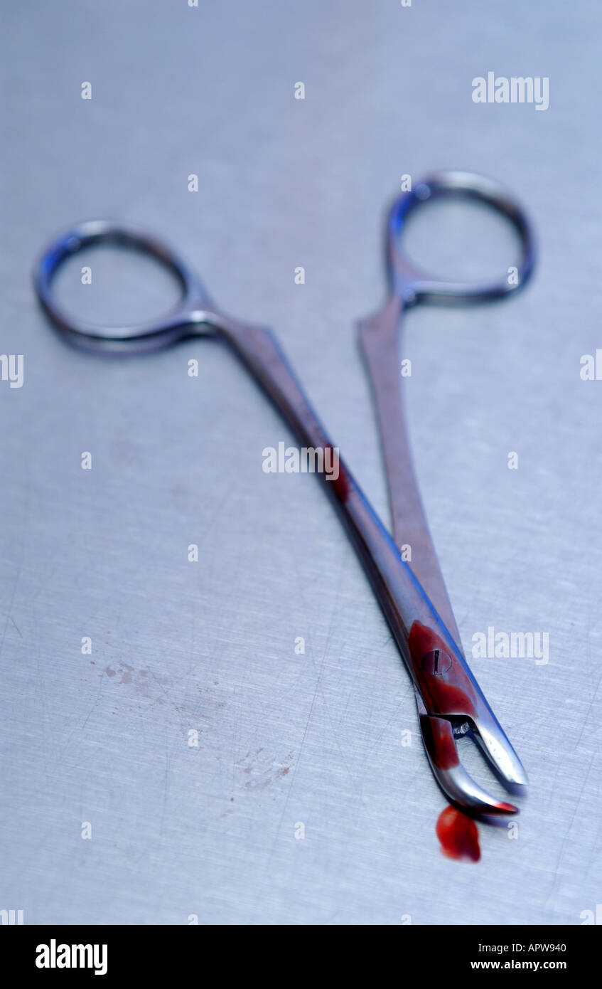 used surgical instruments scissors clamp with blood on them Stock Photo