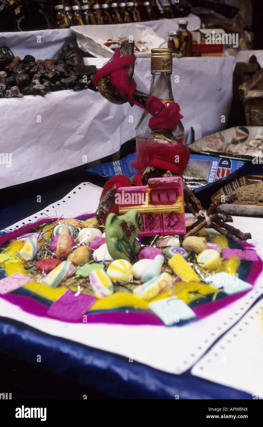 Plate with herbs, sweets and a dried llama fetus. For good luck in business. Sold on the witches market in La Paz, Bolivia. Stock Photo