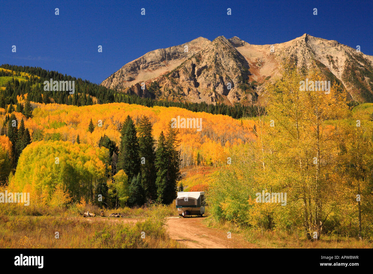 Camper at East Beckwith Mountain, Kebler Pass, Crested Butte Stock