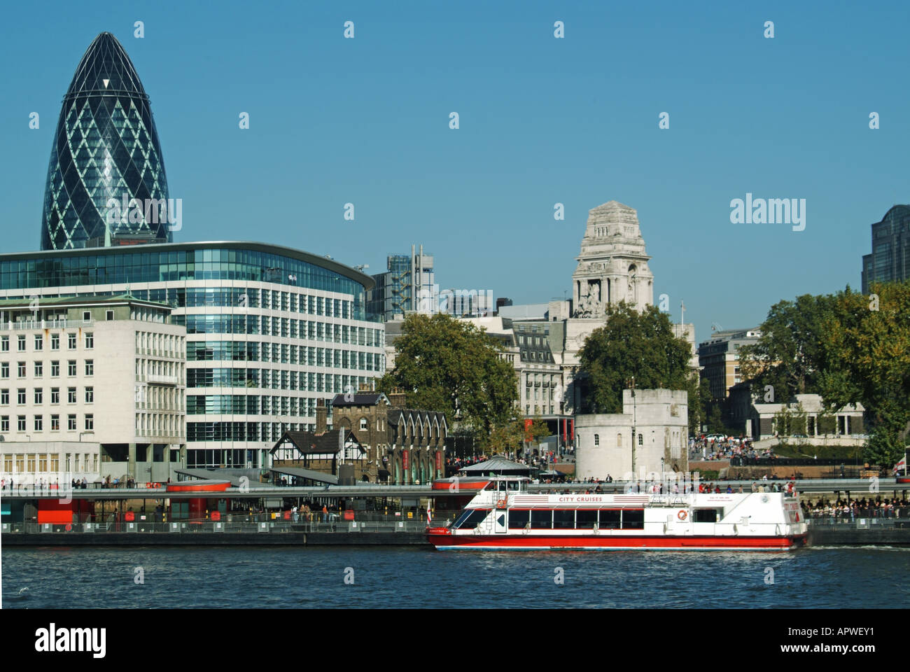 River Thames tour boat with approach plaza and main entrance to the