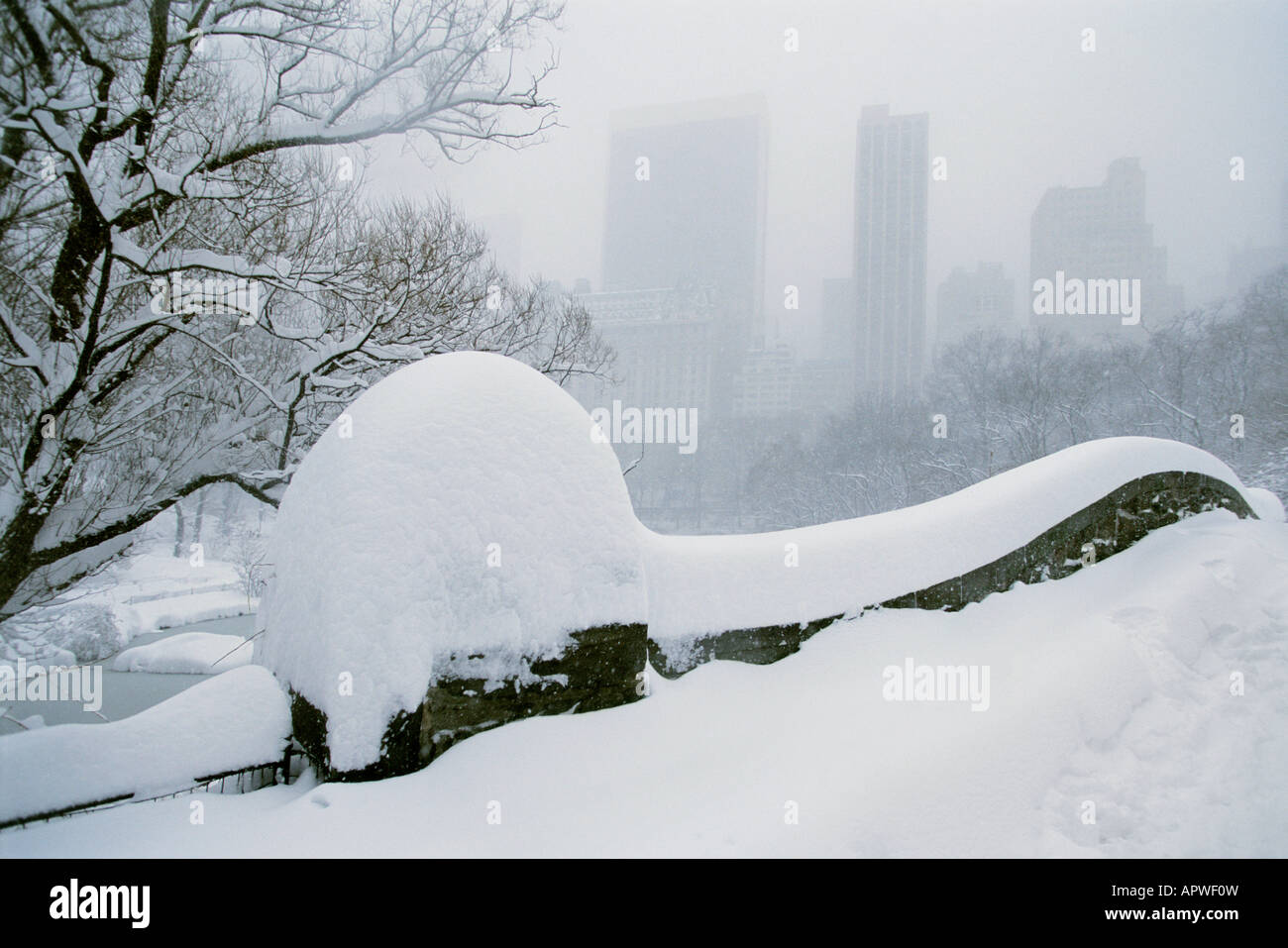 Gapstow Bridge Central Park snow, New York City, Winter weather