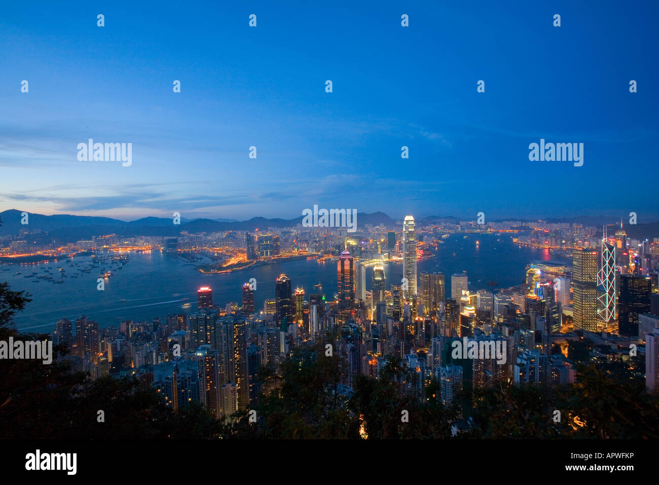 Hong Kong, China; view of Hong Kong and Victoria Harbor from Victoria ...