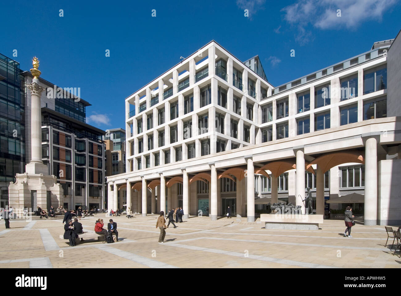 Redeveloped Paternoster Square & Portland stone Corinthian column in front of relocated offices & entrance to London Stock Exchange City of London UK Stock Photo