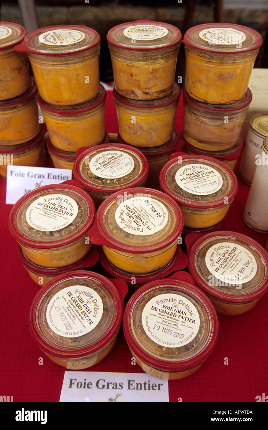Montignac, Dordogne France. Display of glass jars of Foie Gras at the