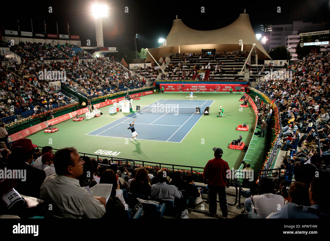 Dubai Tennis Stadium at Night during the ATP tennis tournament Stock Photo 