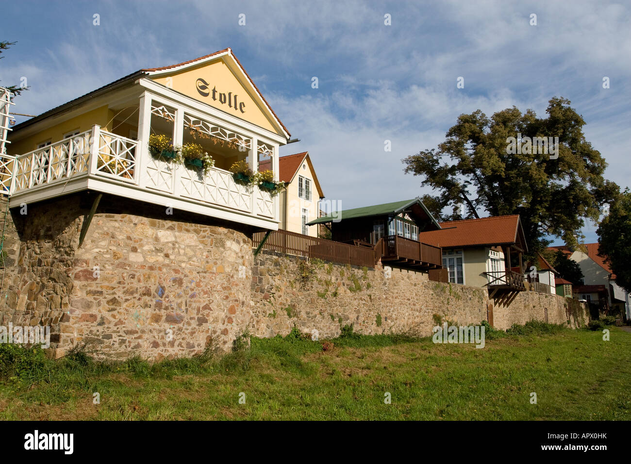 DEU Germany Saxony Grimma: small summerhouses, built on the city wall close to the Mulde, a small river Stock Photo
