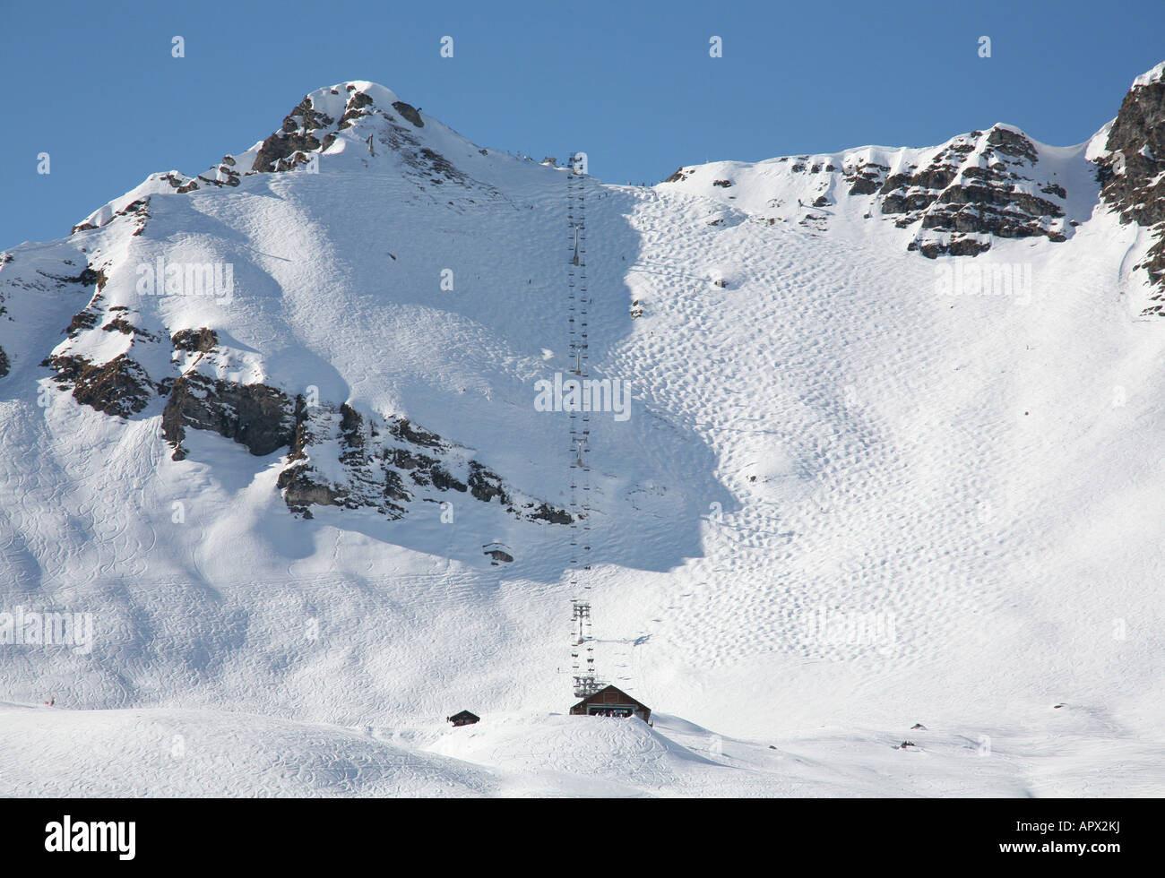 The ski slopes of Champery Switzerland with the steep bumpy run called the Swiss Wall Stock Photo
