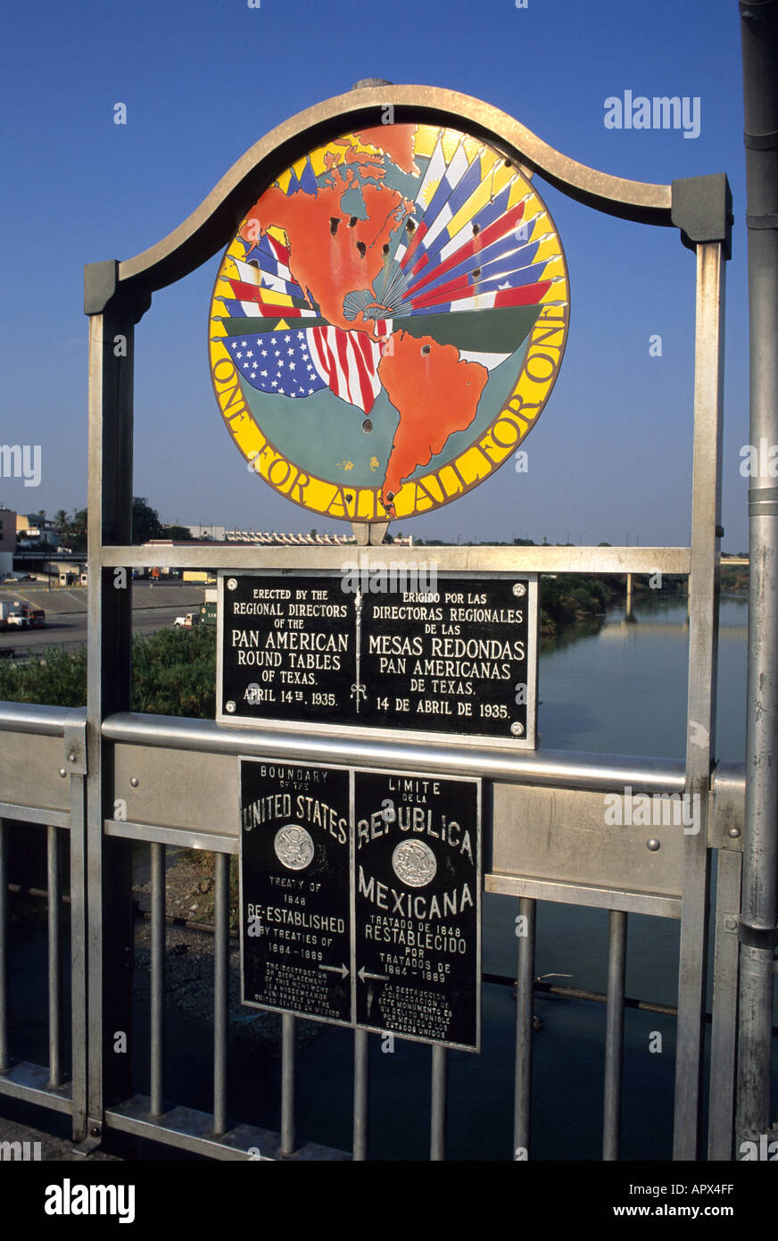 The United States and Mexico border in Laredo Texas on the bridge over