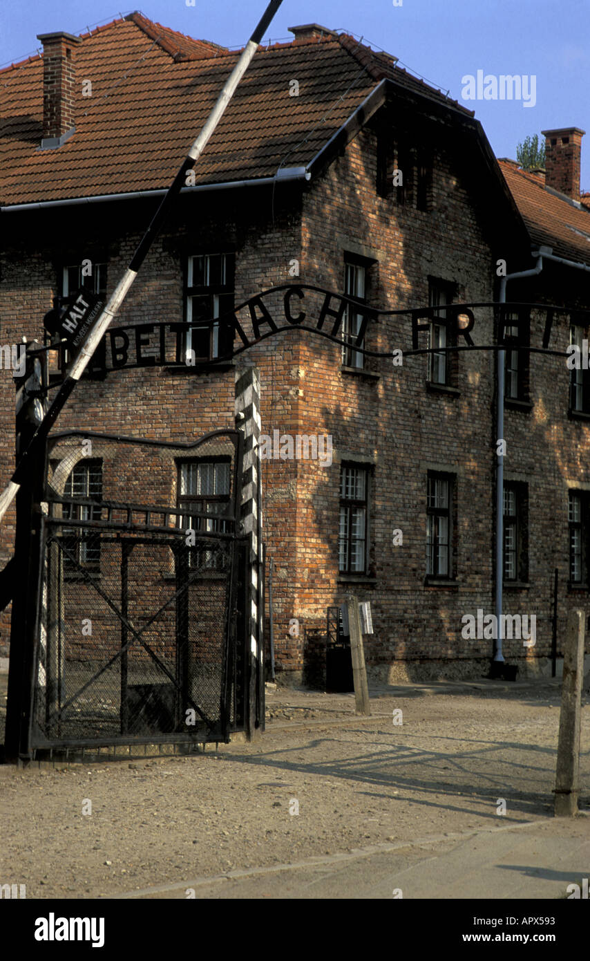 Entrance to Auschwitz 1 concentration camp now the State Museum Work sets you free inscription on the gate Oswiecim Stock Photo