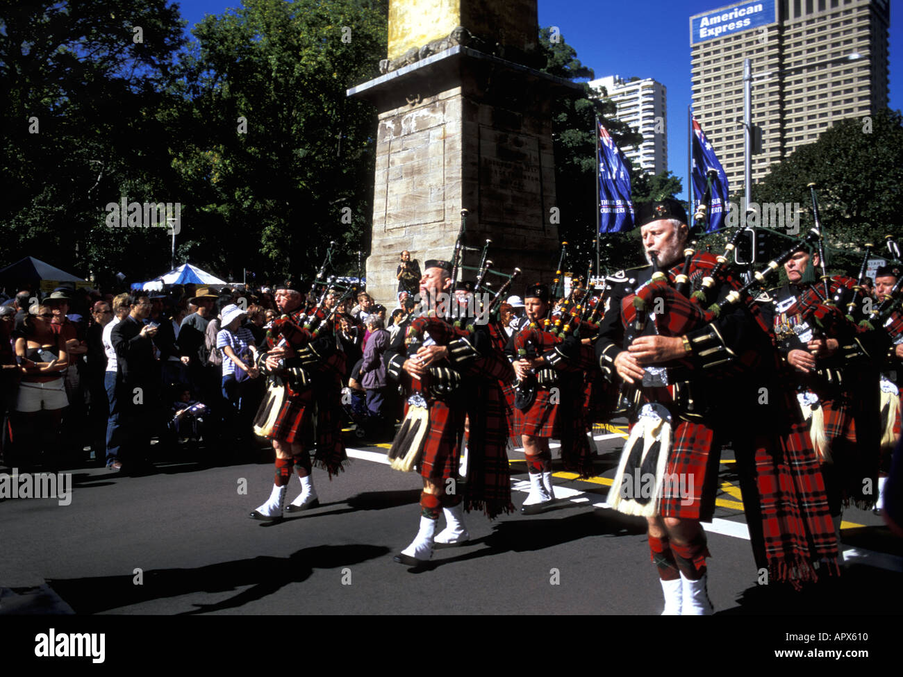 Anzac Day Parade Pipers playing the bagpipes at The Cenotaph Hyde Park