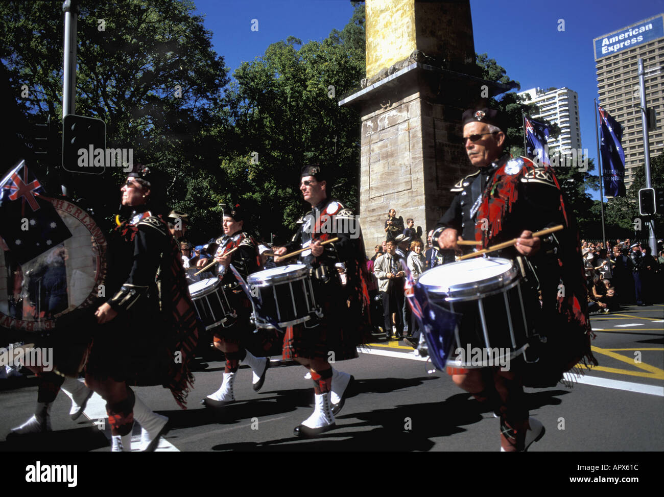 Anzac Day Parade Pipers playing the bagpipes at the Cenotaph Hyde Park