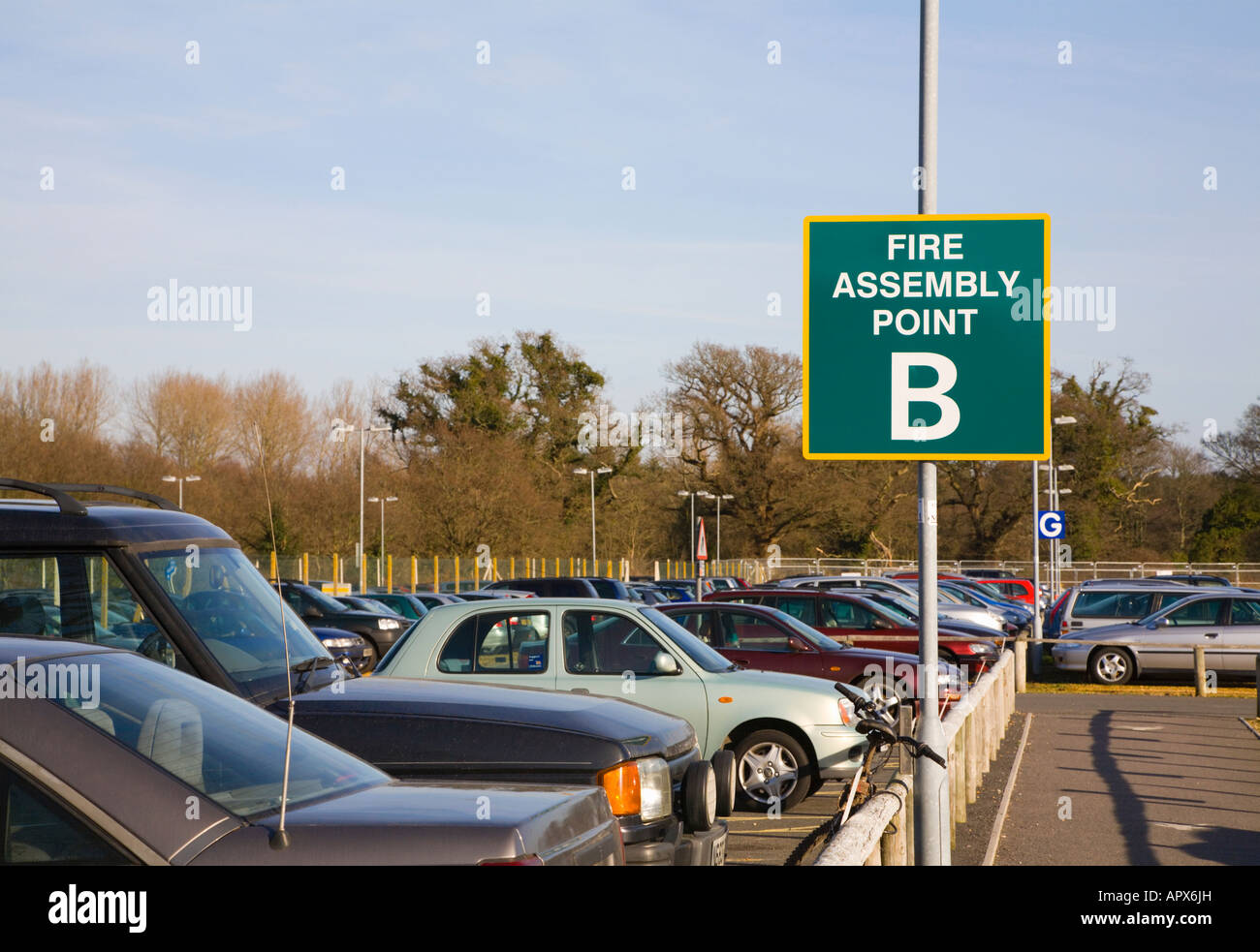 Fire assembly point in a car park. Bournemouth Airport. Dorset. UK