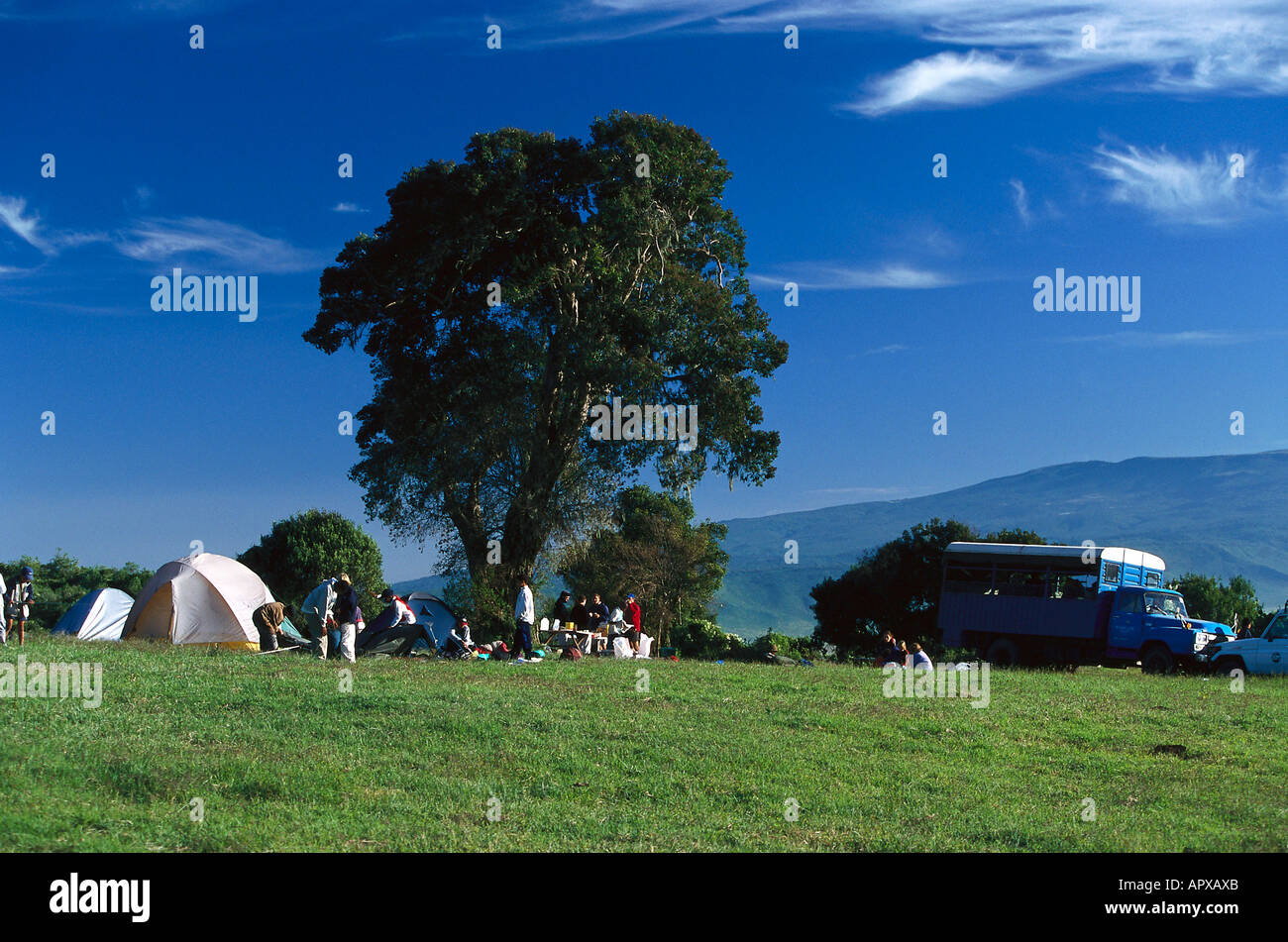 Campsite at crater rim, Ngorongoro Crater Tanzania, Africa Stock Photo