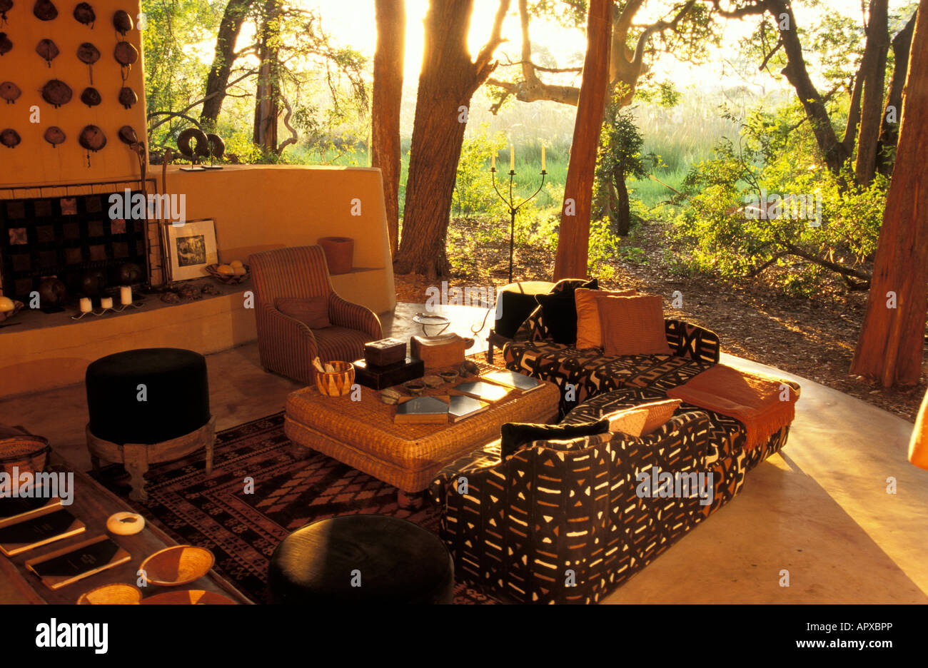 Outdoor sitting room at Conservation corporation's Sandibe lodge Stock Photo