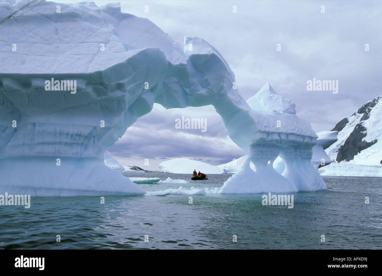 Tourists in Zodiac with icebergs Stock Photo