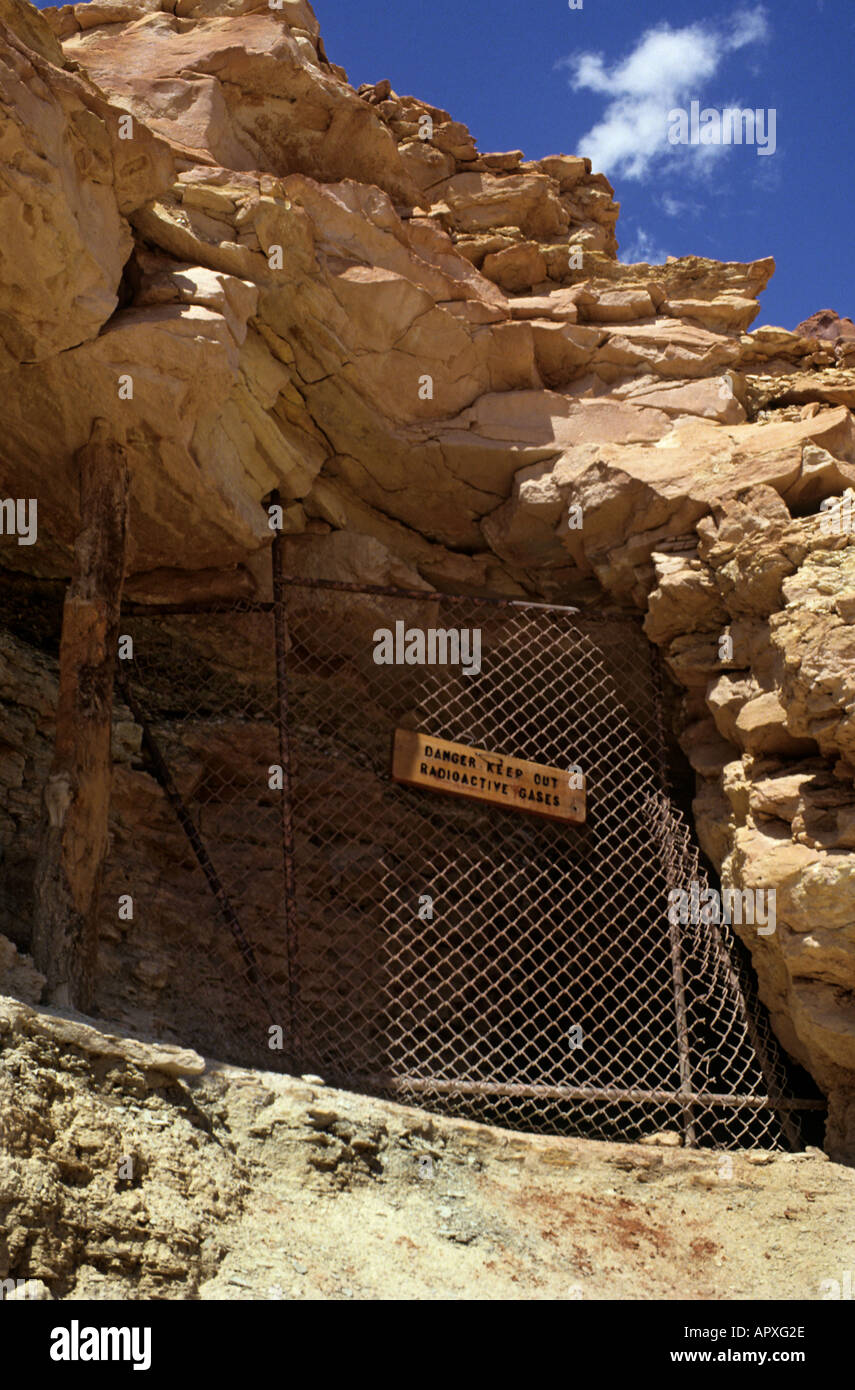 Entrance with warning sign Danger Keep Out Radioactive Gases on an abandoned uranium mine Colorado USA North America Stock Photo