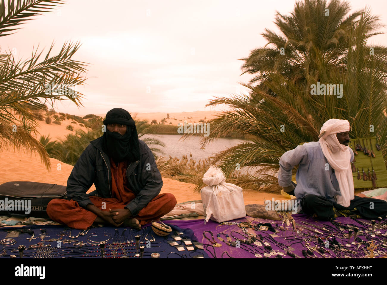 Tuareg selling their wares at the Ubari Lakes Sahara Libya Stock Photo