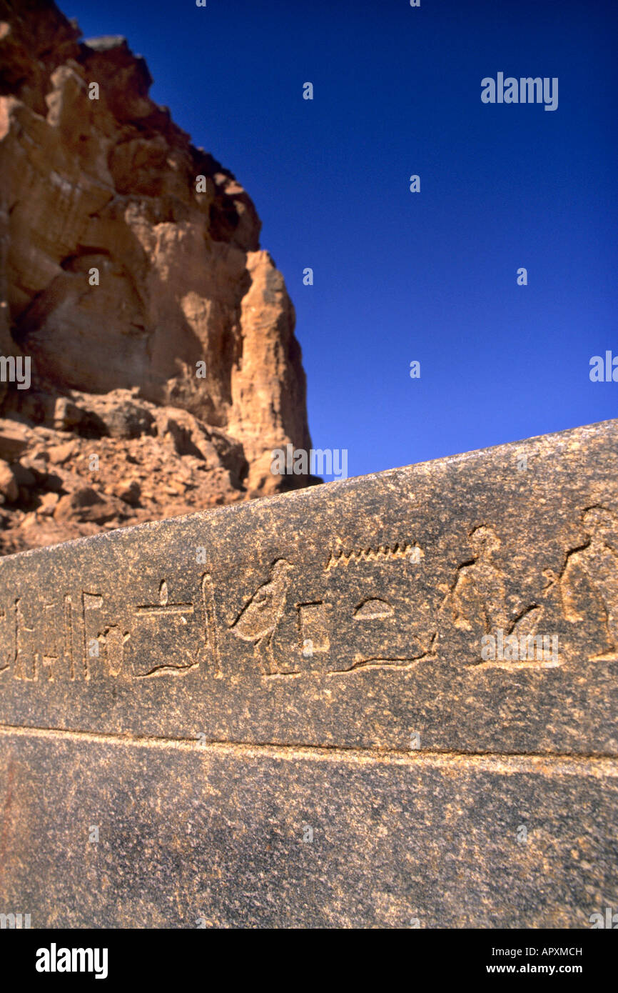 Hieroglyphic mural on a wall at the ancient archaeological site of the temple at Jebel Barkal Stock Photo