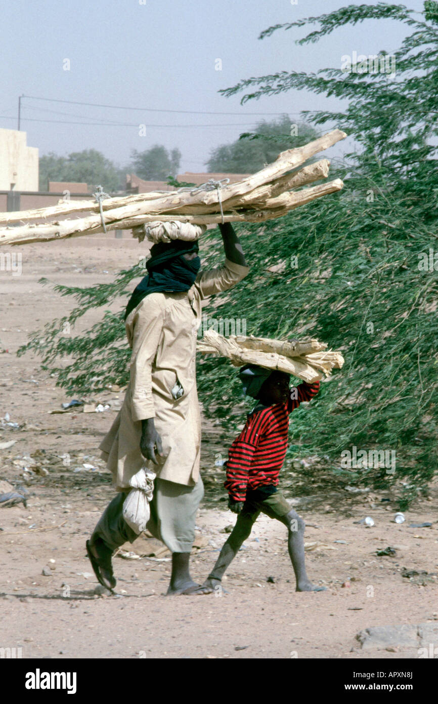 A man and a young boy carry home firewood on their heads Stock Photo