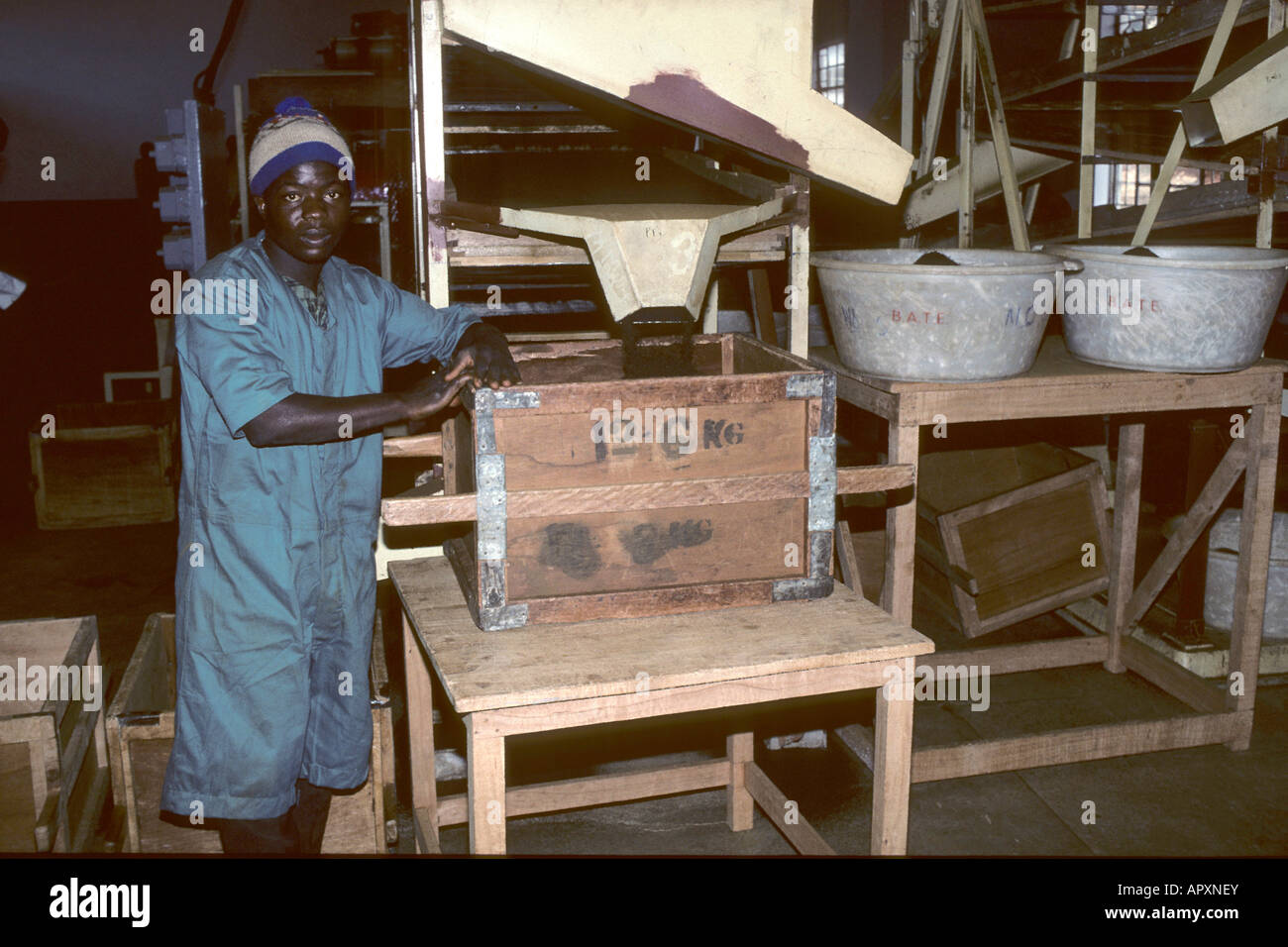 Man working in a tea factory at Mulanje Stock Photo