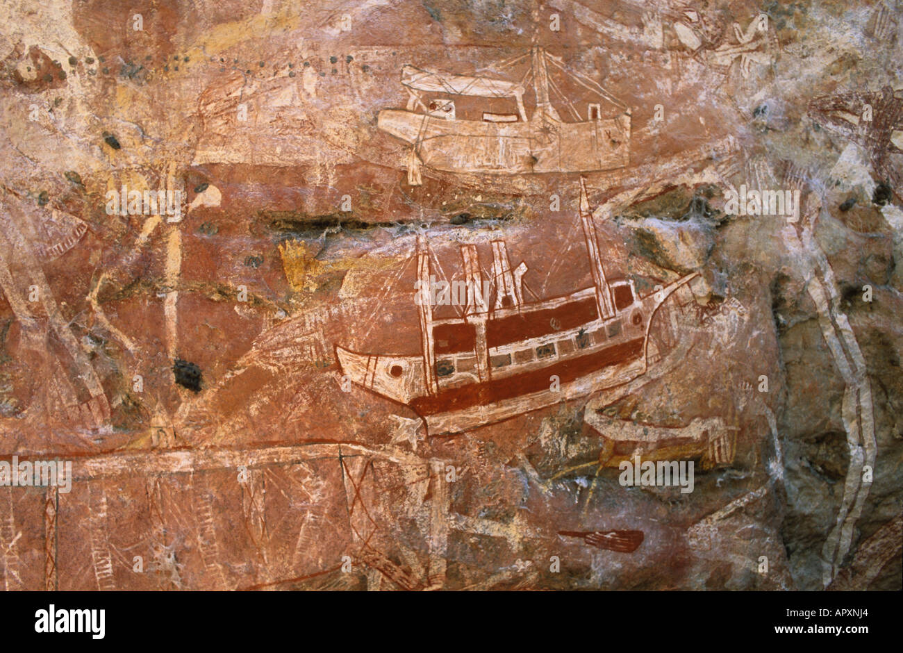 Aboriginal art site, kontakt-period, Australien, Northern Territory, Aboriginal rock art galleries, Davidson Arnhemland Safaris, Stock Photo
