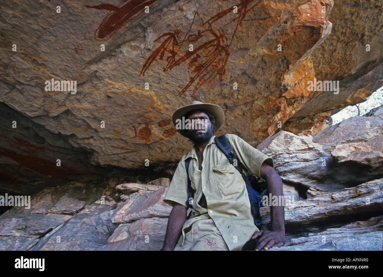 Aboriginal guide, Injaluk Hill, Oenpelli, Arnhemland, Northern Territory Stock Photo