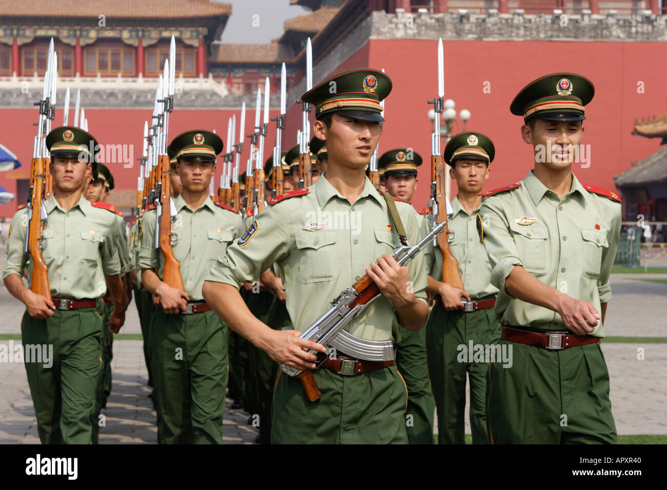Red Guard Soldiers Marching Outside Meridian Gate Beijing China Stock Photo