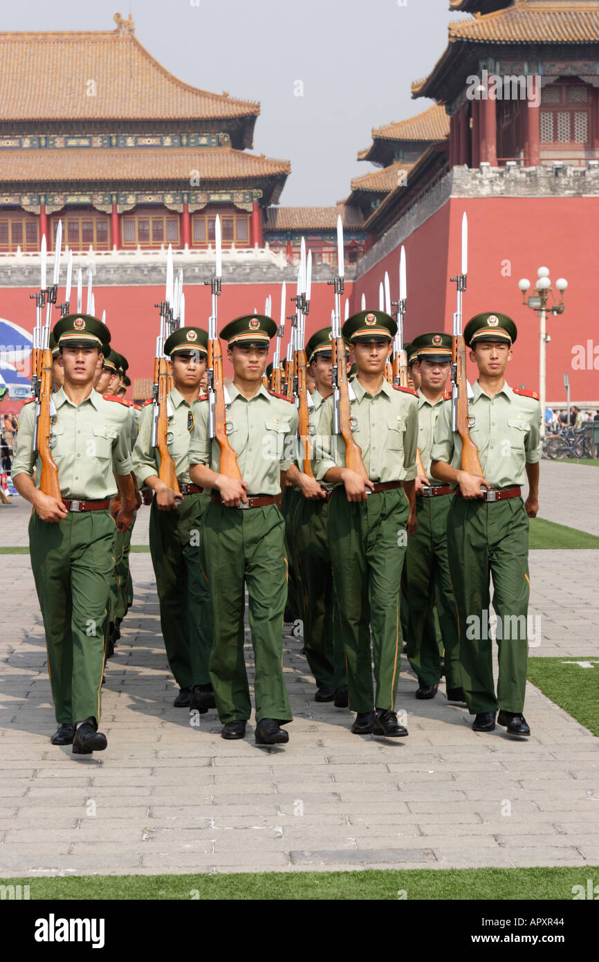 Red Guard Soldiers Marching Outside Meridian Gate Beijing China Stock Photo