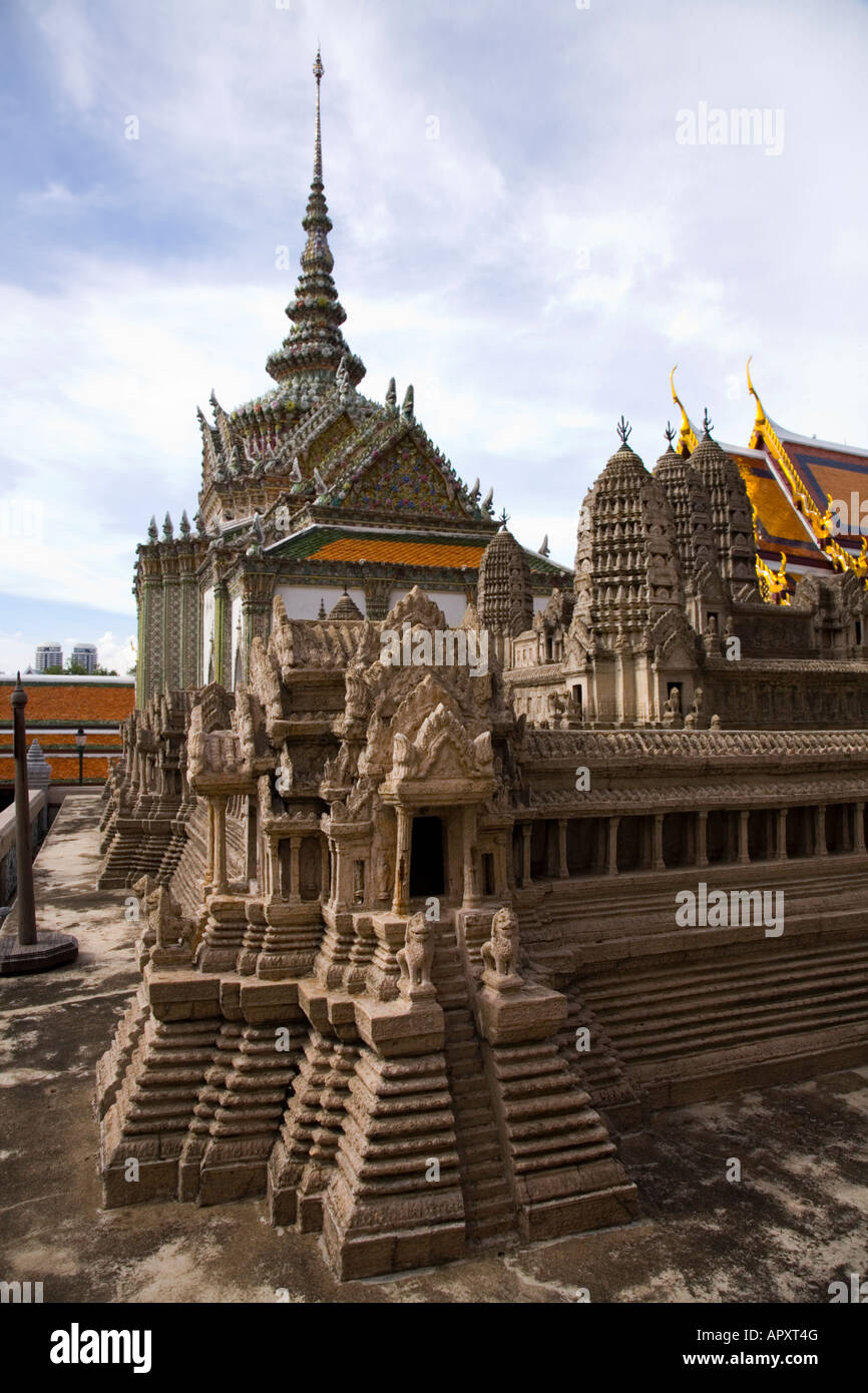 A model Angkor Wat in Cambodia on display at Wat Phra Kaew temple, in the Grand Palace complex, Bangkok, Thailand. Wat Phra Kaew is behind the replica. Stock Photo