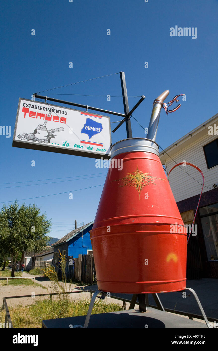 Giant mate cup in front of cafe Coihaique Patagonia Chile yerba mate traditional drink of south America Stock Photo