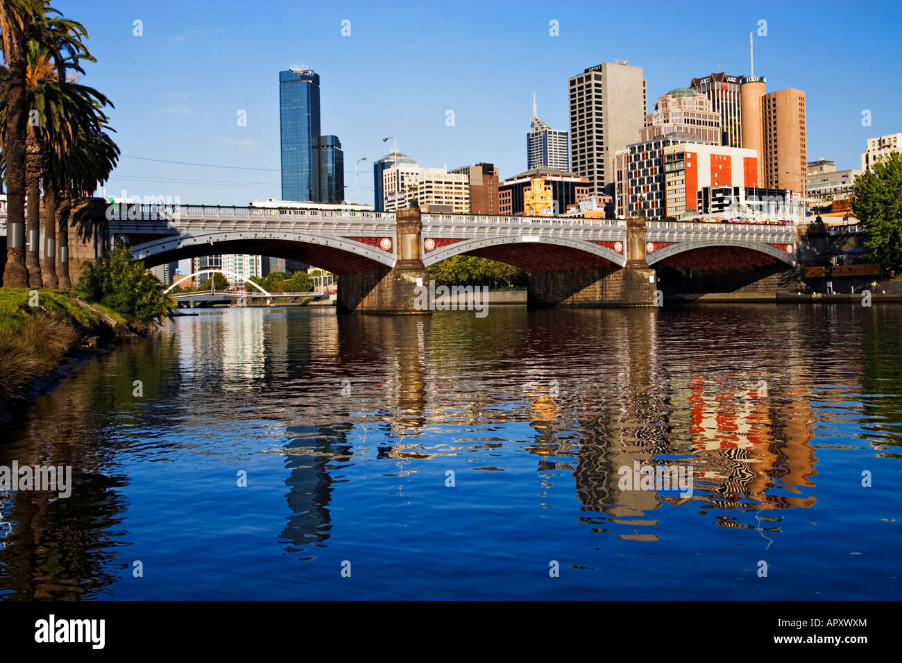 Melbourne Skyline / Scenic views of the Yarra River and the historic Princes Bridge. Stock Photo
