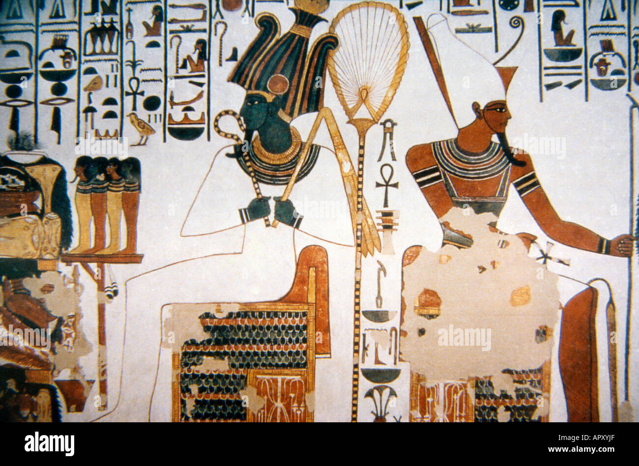 Luxor Egypt Painting of Seated Gods Osiris and Atum in Nefertaris Tomb Stock Photo