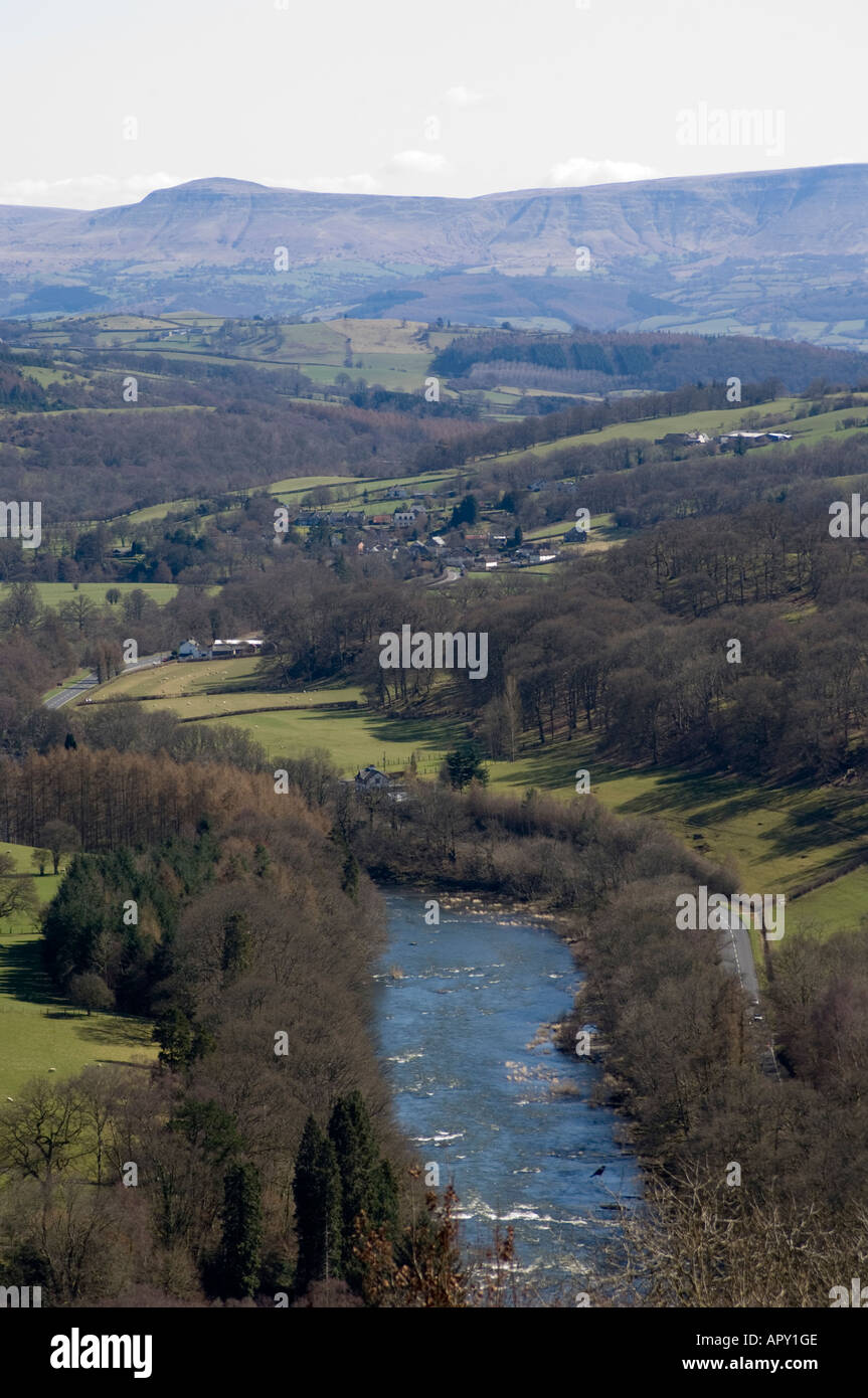 River Wye Powys with village of ERWOOD in the middle distance Black Mountains in the distance , Wales UK Stock Photo