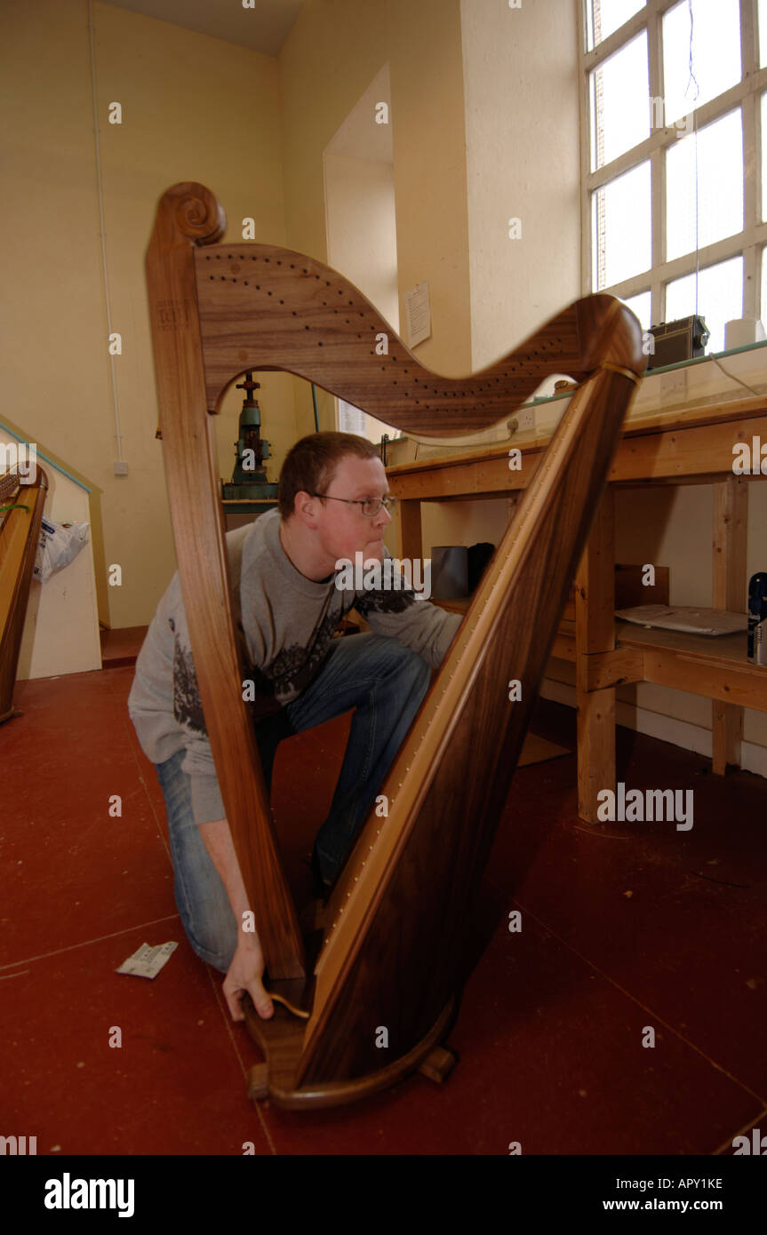 A young man, harp maker at Telynnau Teifi harps Llandysul wales UK Stock Photo