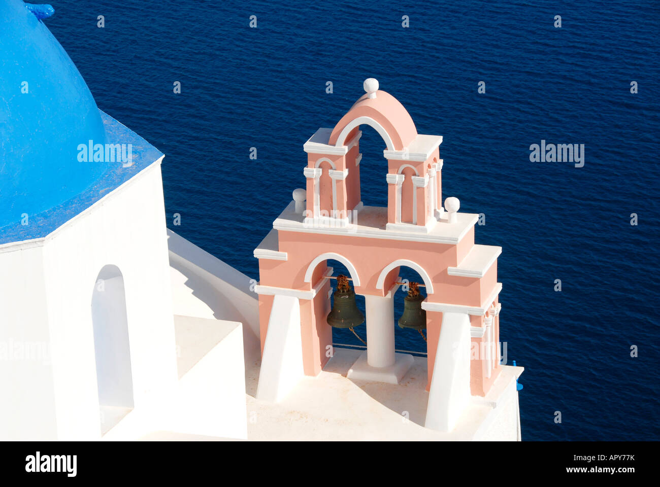 Church , bells tower, Thira village, Santorini, Greece Stock Photo