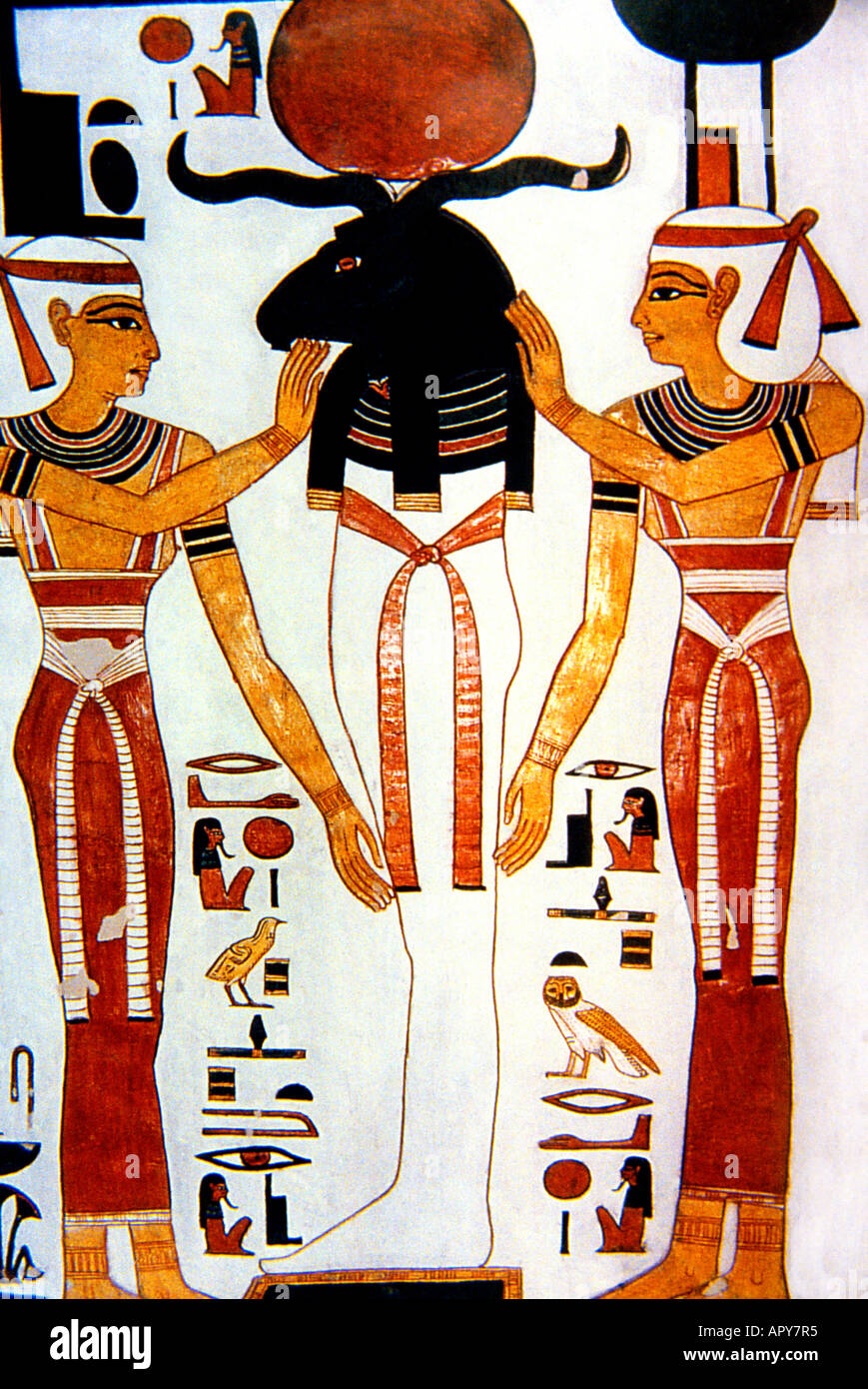 Luxor Egypt Valley of the Queens Tomb of Nefertari (QV66) Painting of Ra and Osiris in the Same Body (Banebdjedet) with Nephthys and Isis Stock Photo