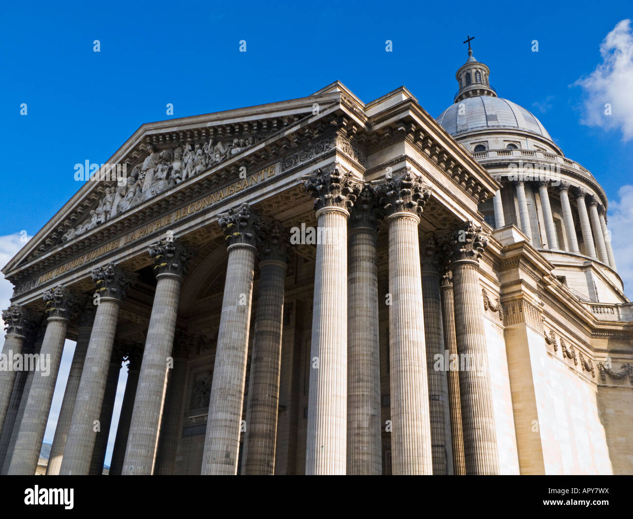 Front elevation of Le Panthéon The Pantheon in Paris showing the columns motto and the dome Stock Photo