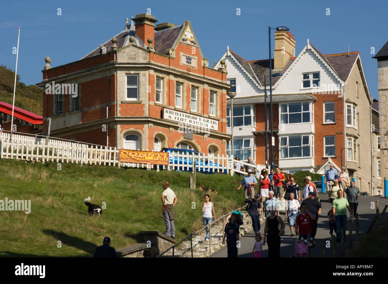 tourists walking out of the lower station Aberystwyth cliff railway, constitution hill Stock Photo